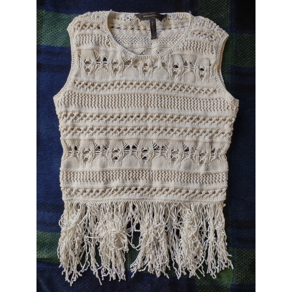 BCBGMAXAZRIA Cream Crochet Knit Fringe Sleeveless Crop Top Size XS Boho Festival